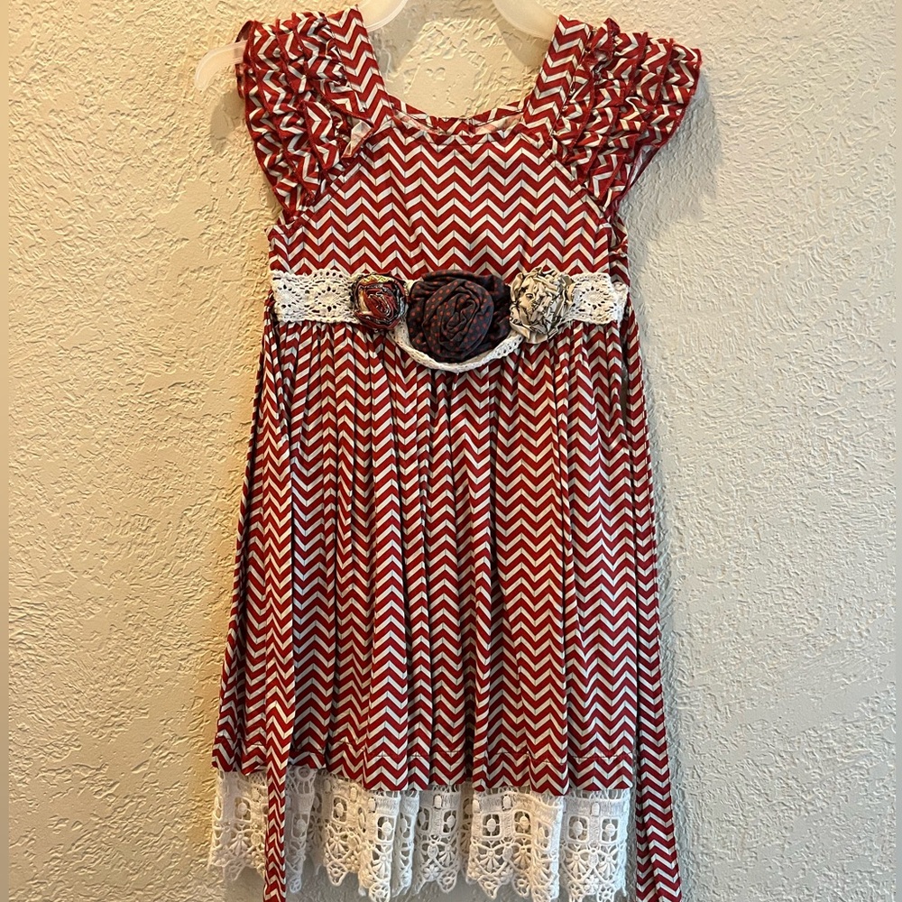 Red Chevron Kids Dress with Lace Trim